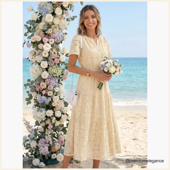 Summer Floral Maxi Dress Boho Eyelet Lace Short Sleeve A Line Tiered - Picture 5 of 7